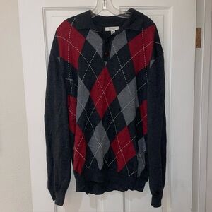 Turnbury XL Argyle Knit Polo Sweater Red Gray Black Merino Wool